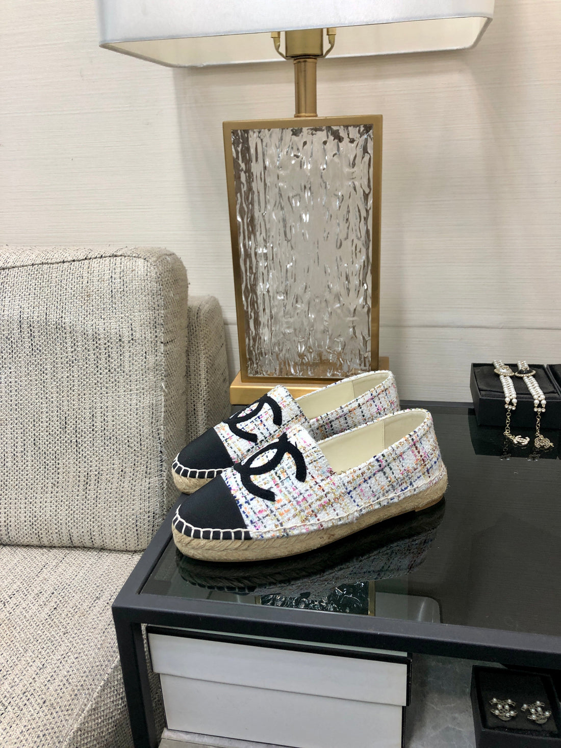 Espadrille White Mix Black Tweed Fabric Flats