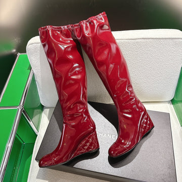 Chanel High-Top Boots Platform Heel 7CM Burgundy Glossy Leather 507532