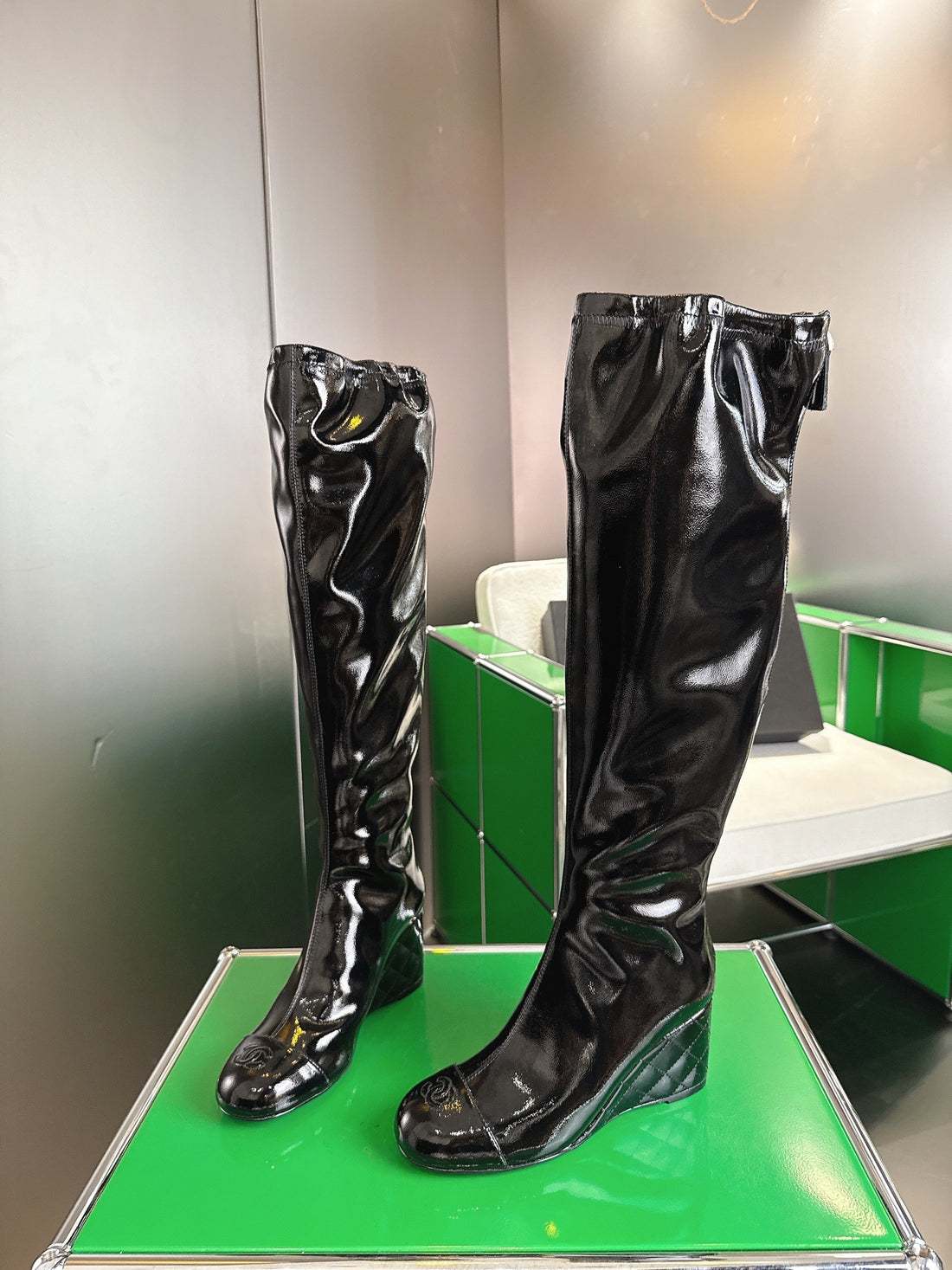Chanel High-Top Boots Platform Heel 7CM Black Glossy Leather 507534