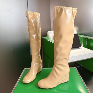 Chanel High-Top Boots Platform Heel 7CM Beige Glossy Leather 507535