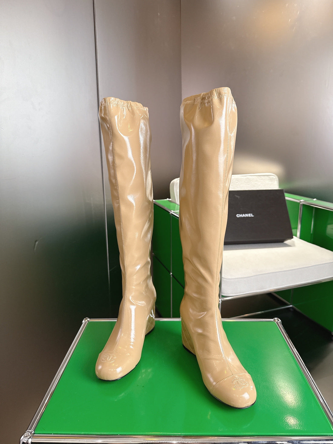 Chanel High-Top Boots Platform Heel 7CM Beige Glossy Leather 507535