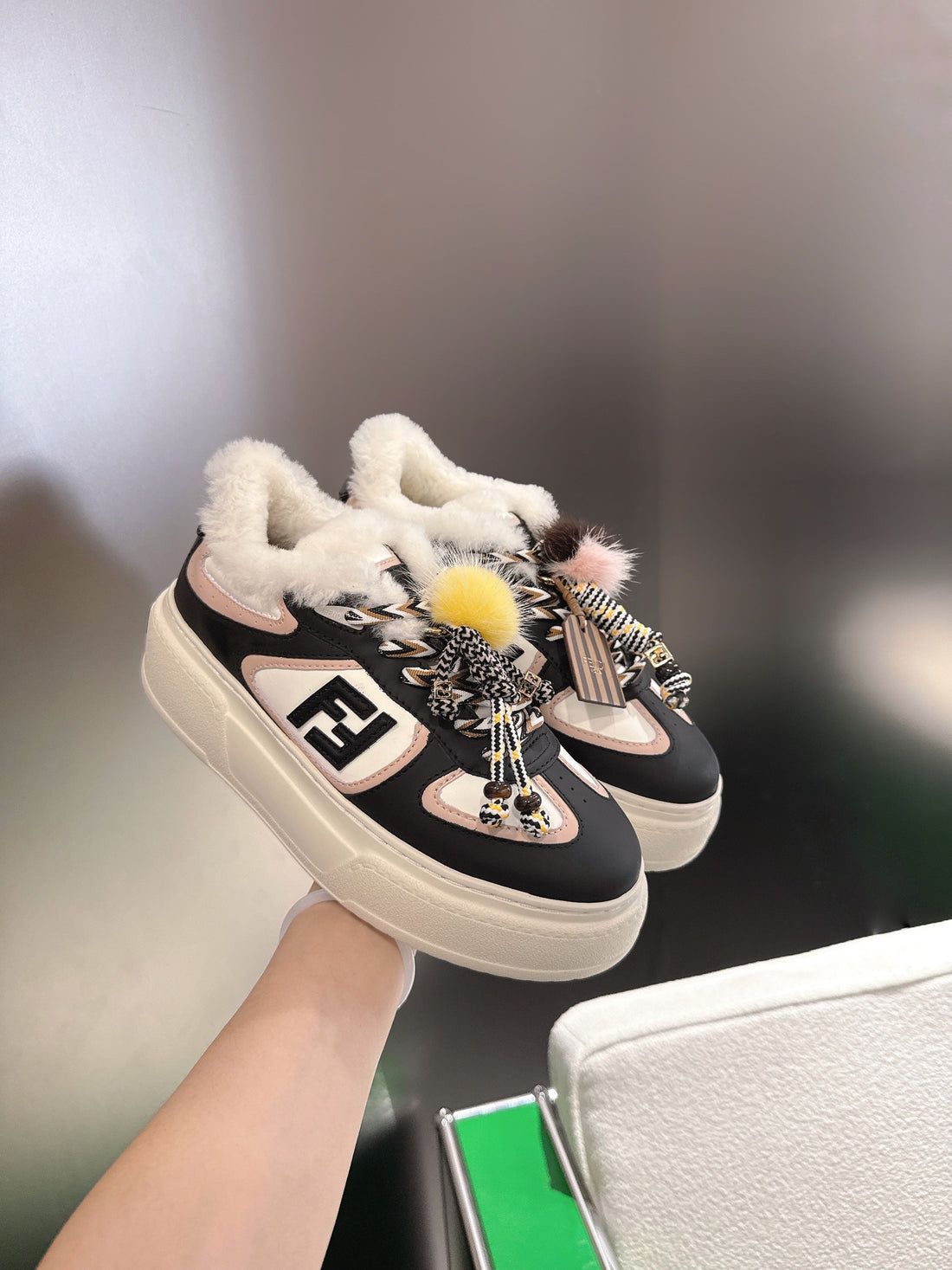 Fendi 2025 Match Platform Sneakers Black Leather Wool 562578