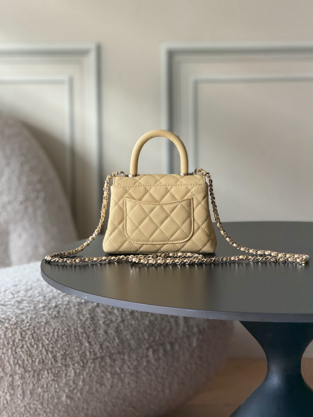CC 26S Mini Flap Bag 14.5cm With Top Handle Light Yellow Caviar Leather