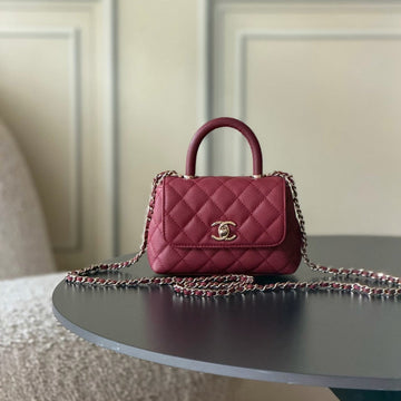CC 26S Mini Flap Bag 14.5cm With Top Handle Burgundy Caviar Leather