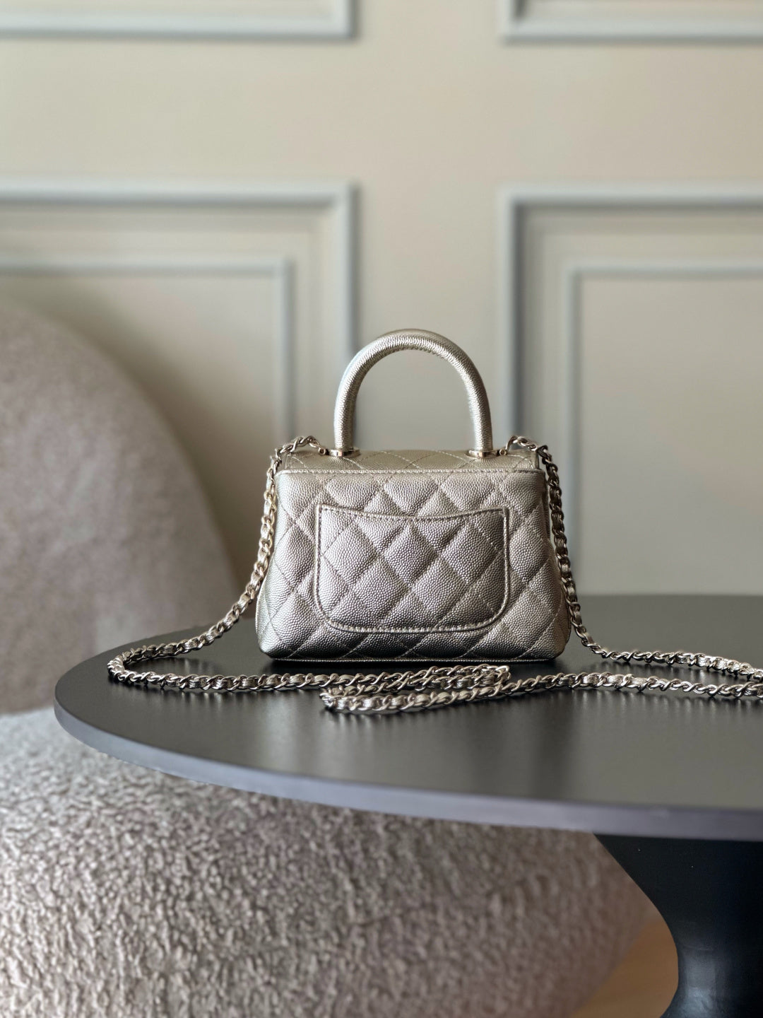 CC 26S Mini Flap Bag 14.5cm With Top Handle Sliver Caviar Leather