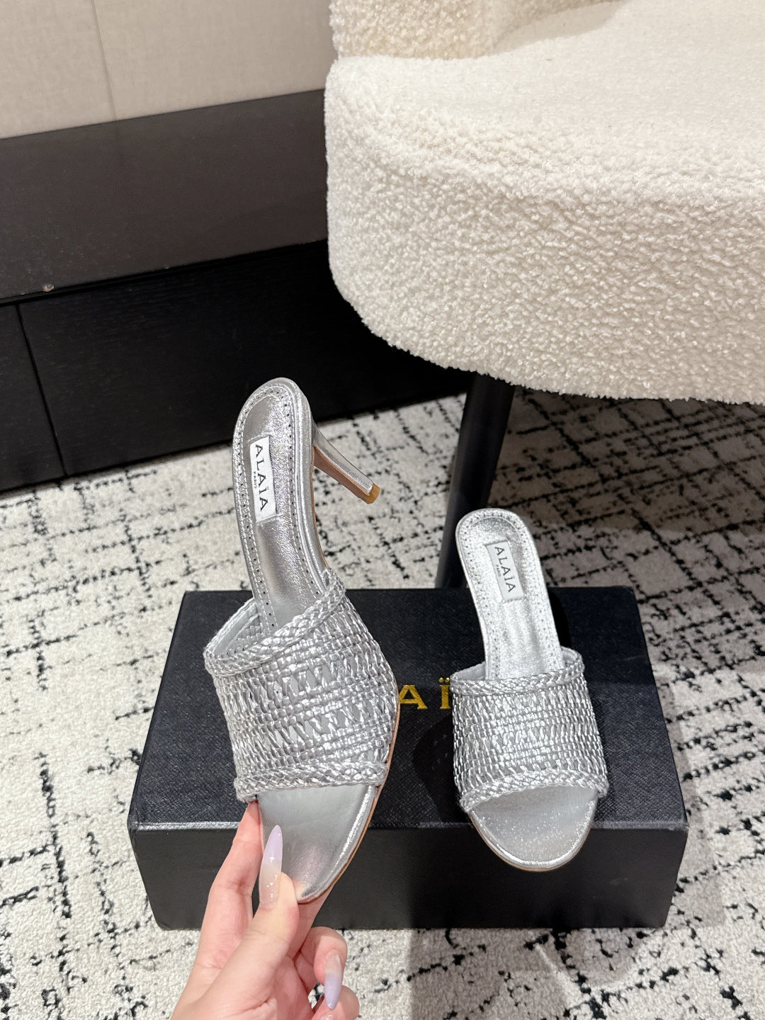 Alaïa Muller High-Heeled Metallic Sliver Woven Leather