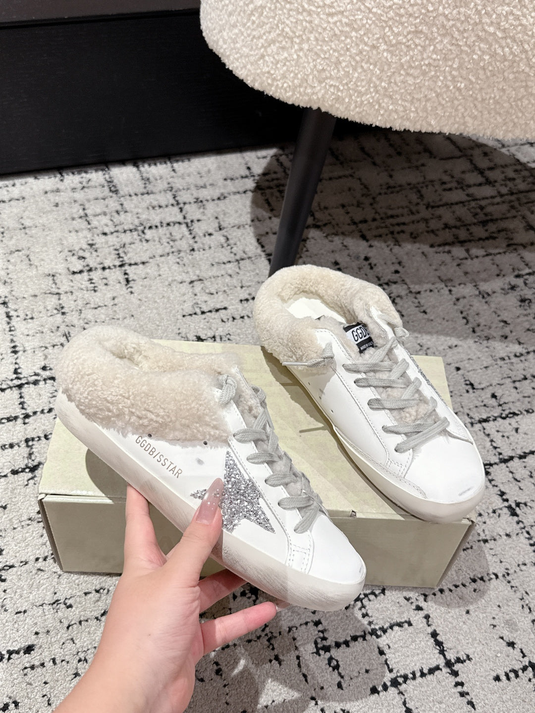 Golden Goose 2025 Star Sabot Shearling-Lined Mule White Silver Cowhide Wool 500587
