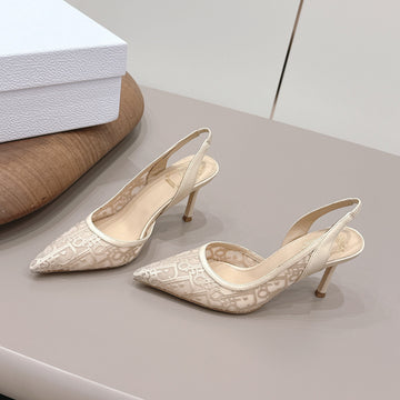 CD 26S Adiorable Slingback Pumps 8CM Beige Mesh Sheepskin