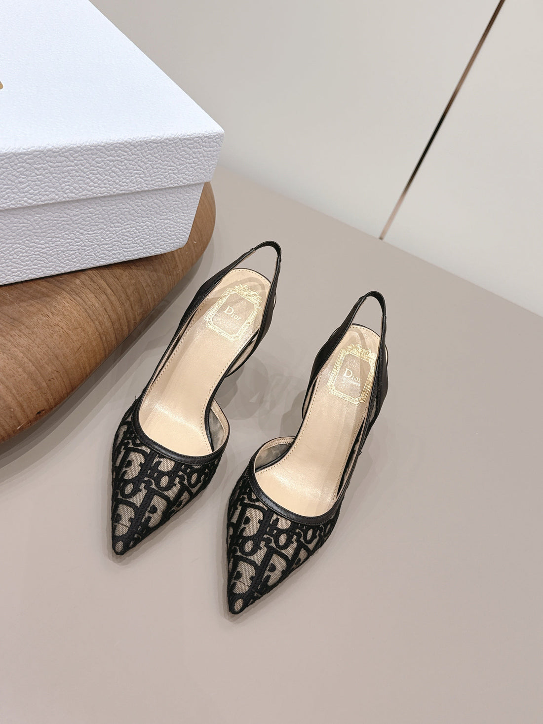 CD 26S Adiorable Slingback Pumps 8CM Black Beige Mesh Sheepskin