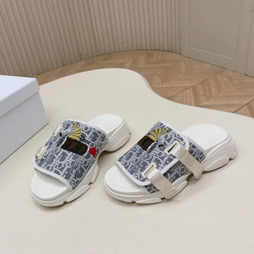 CD 26S Platform Slippers 35 Blue White Canvas Lambskin 643809