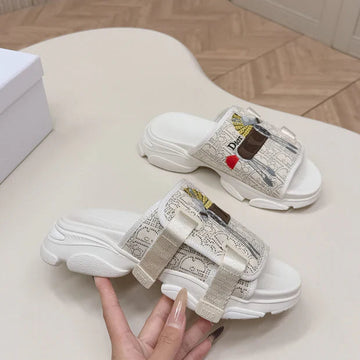 CD 26S Platform Slippers 35 Cream White Canvas Lambskin 643810