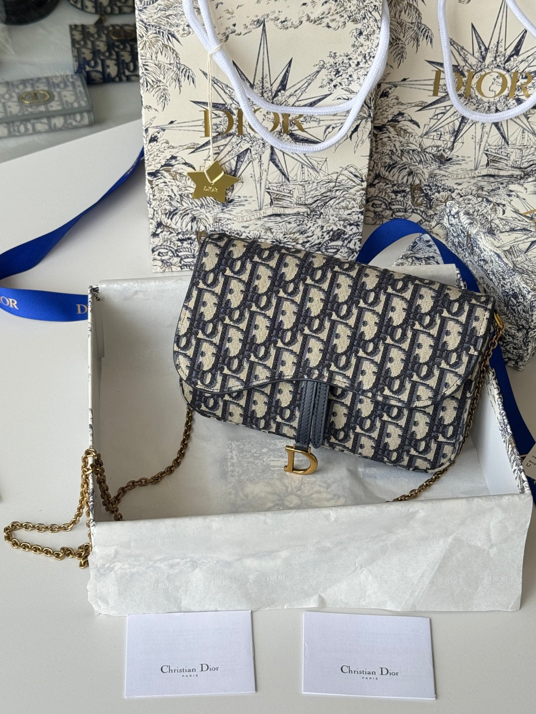 CD Medium Saddle Pouch With Chain 21.5cm Blue Jacquard Cowhide Ghw