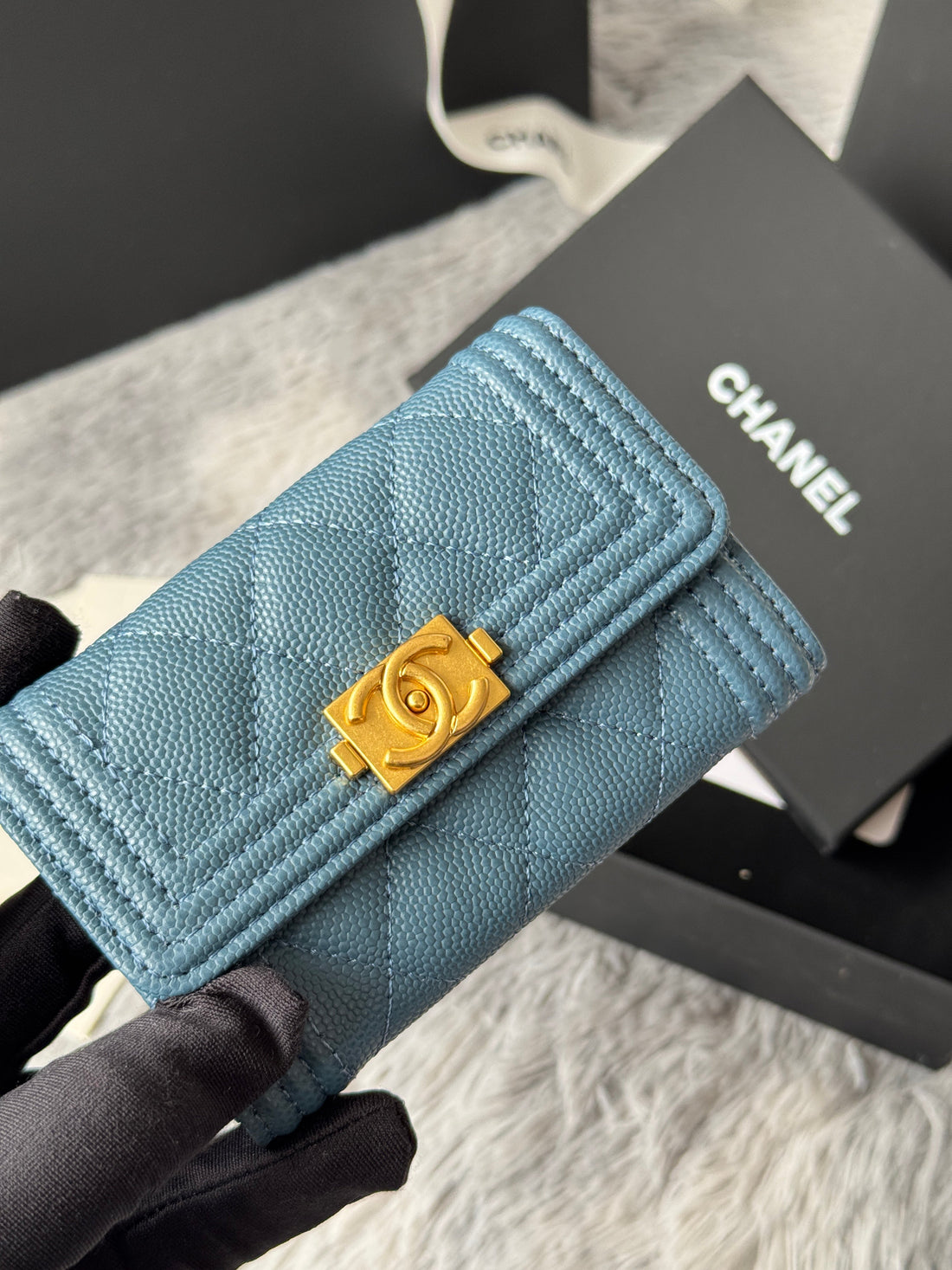 CC Boy Flap Card Holder Muted Teal Gold-Tone Grained Calfskin 242854