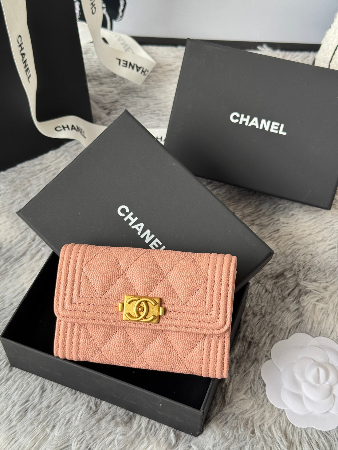 CC Boy Flap Card Holder Light Pink Gold-Tone Grained Calfskin 242856