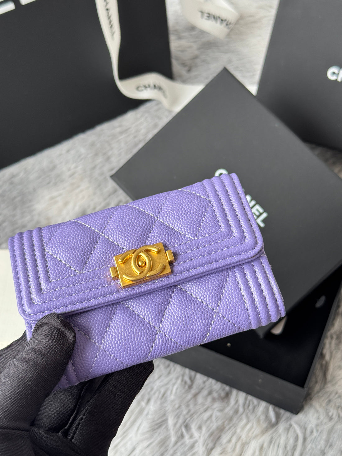 CC Boy Flap Card Holder Purple Gold-Tone Grained Calfskin 242860