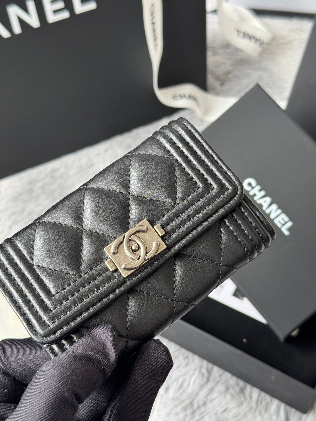 CC Boy Flap Card Holder Black Sliver-Tone Lambskin 242864