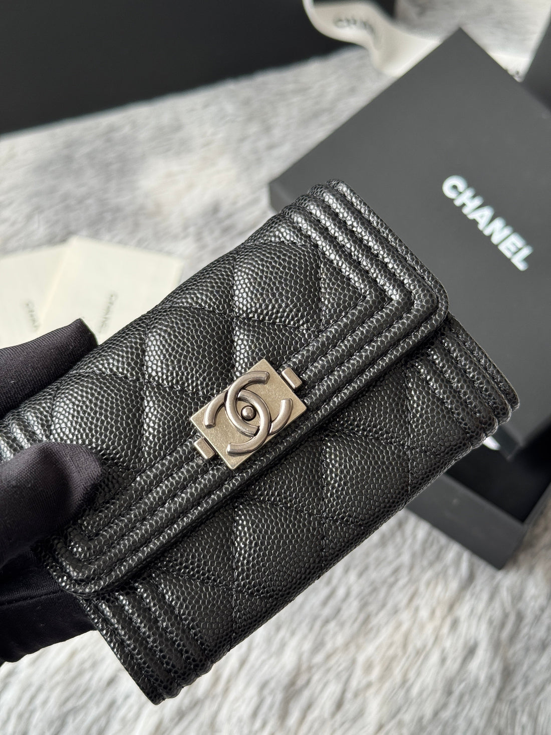 CC Boy Flap Card Holder Black Sliver-Tone Grained Calfskin 242888