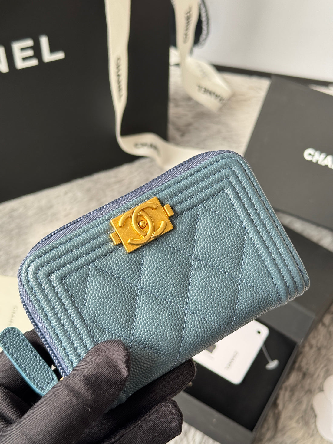 CC Classic Boy Coin Purse Muted Teal Gold-Tone Grained Calfskin 242878