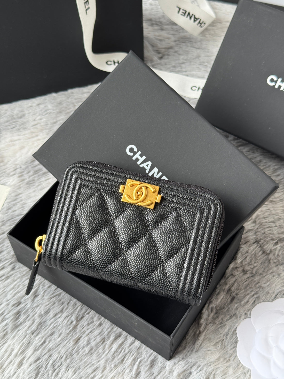 CC Classic Boy Coin Purse Black Gold-Tone Grained Calfskin 242882