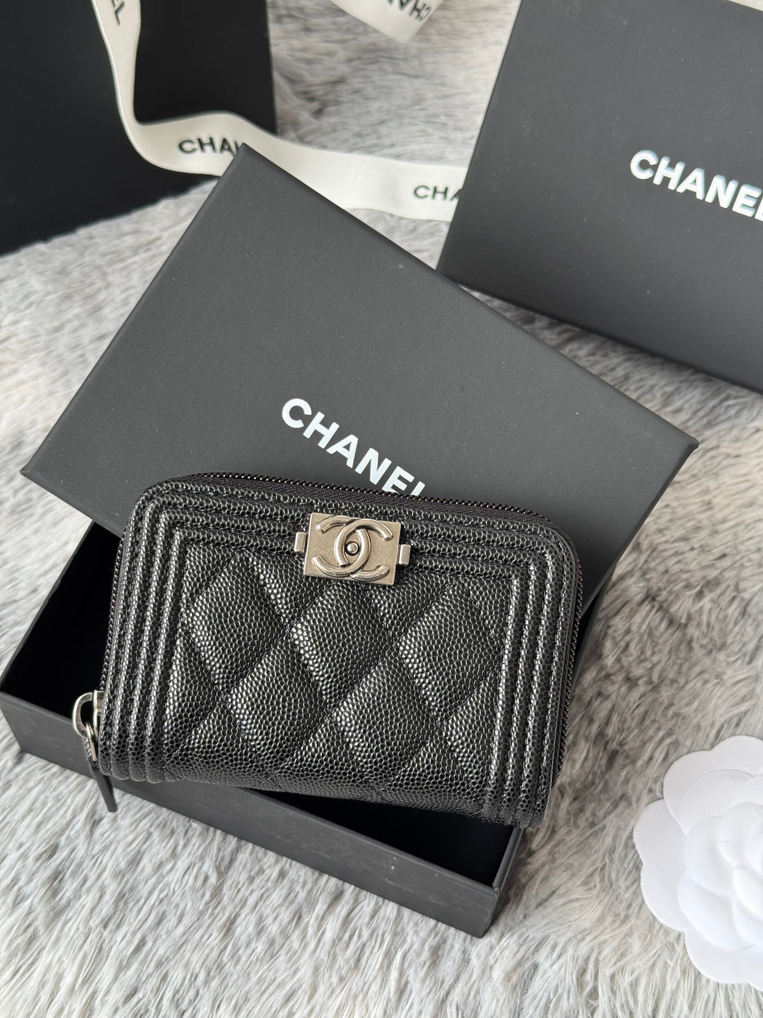 CC Classic Boy Coin Purse Black Sliver-Tone Grained Calfskin 242886