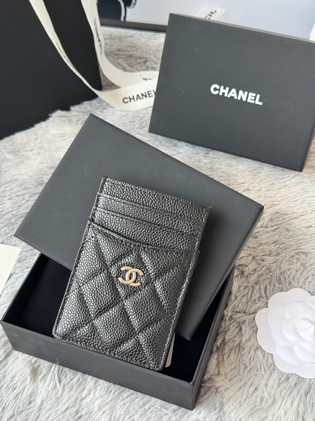 CC Carld Holder Black Sliver-Tone Metal Grain Calfskin 242678
