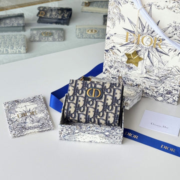 CD 30 Montaigne Dahlia Wallet 12CM Blue Fabric & Calfskin Jacquard