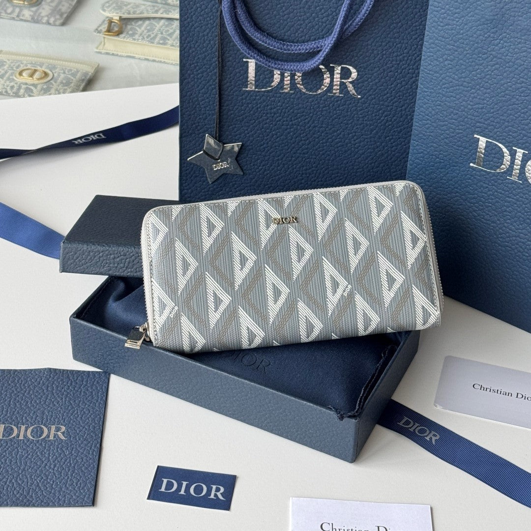 CD Diamond Zipped Long Wallet Grey White Canvas & Cowhide