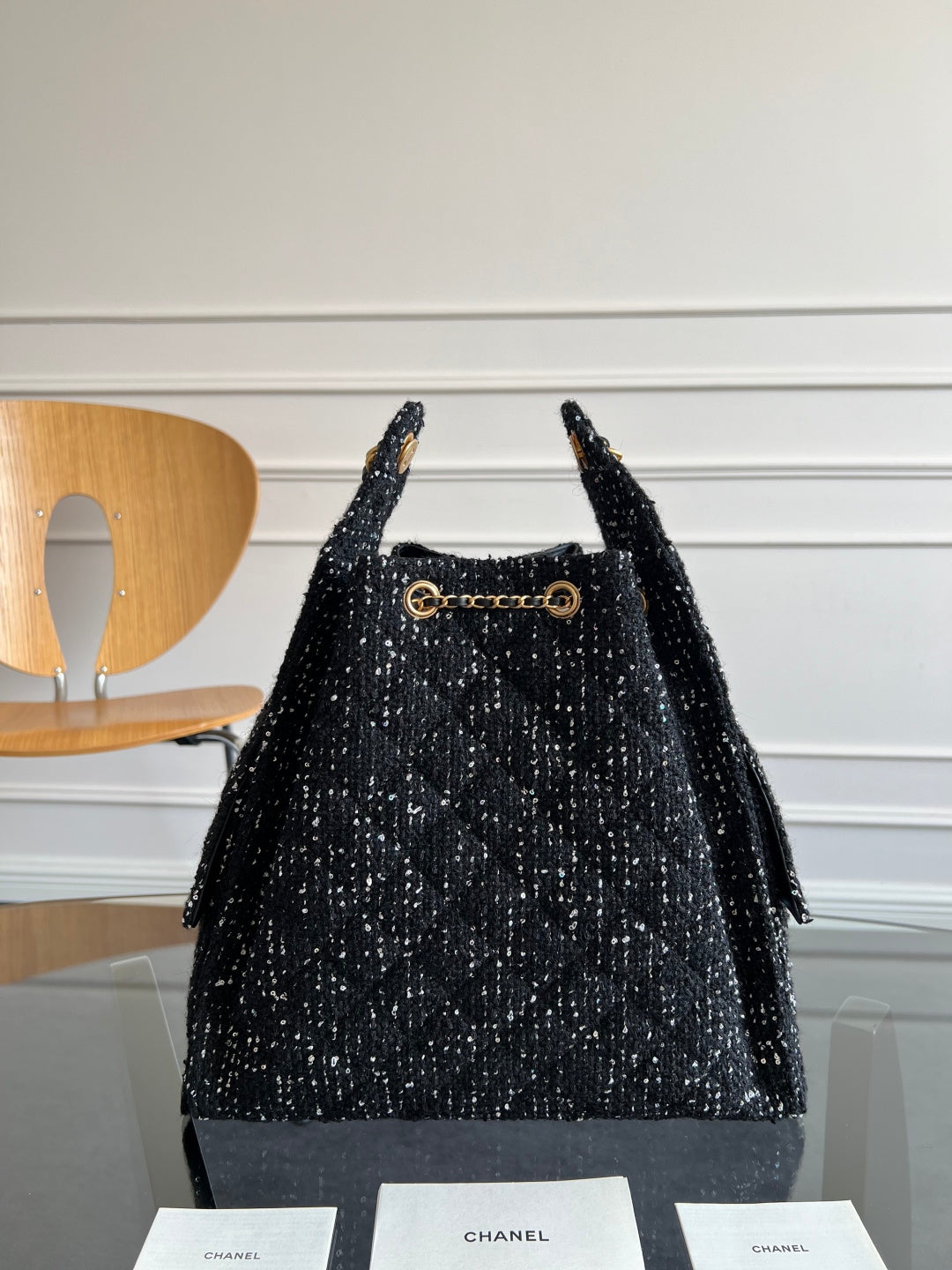Chanel 25S Hobo Bag 40 In Black Tweed With Gold Hardware