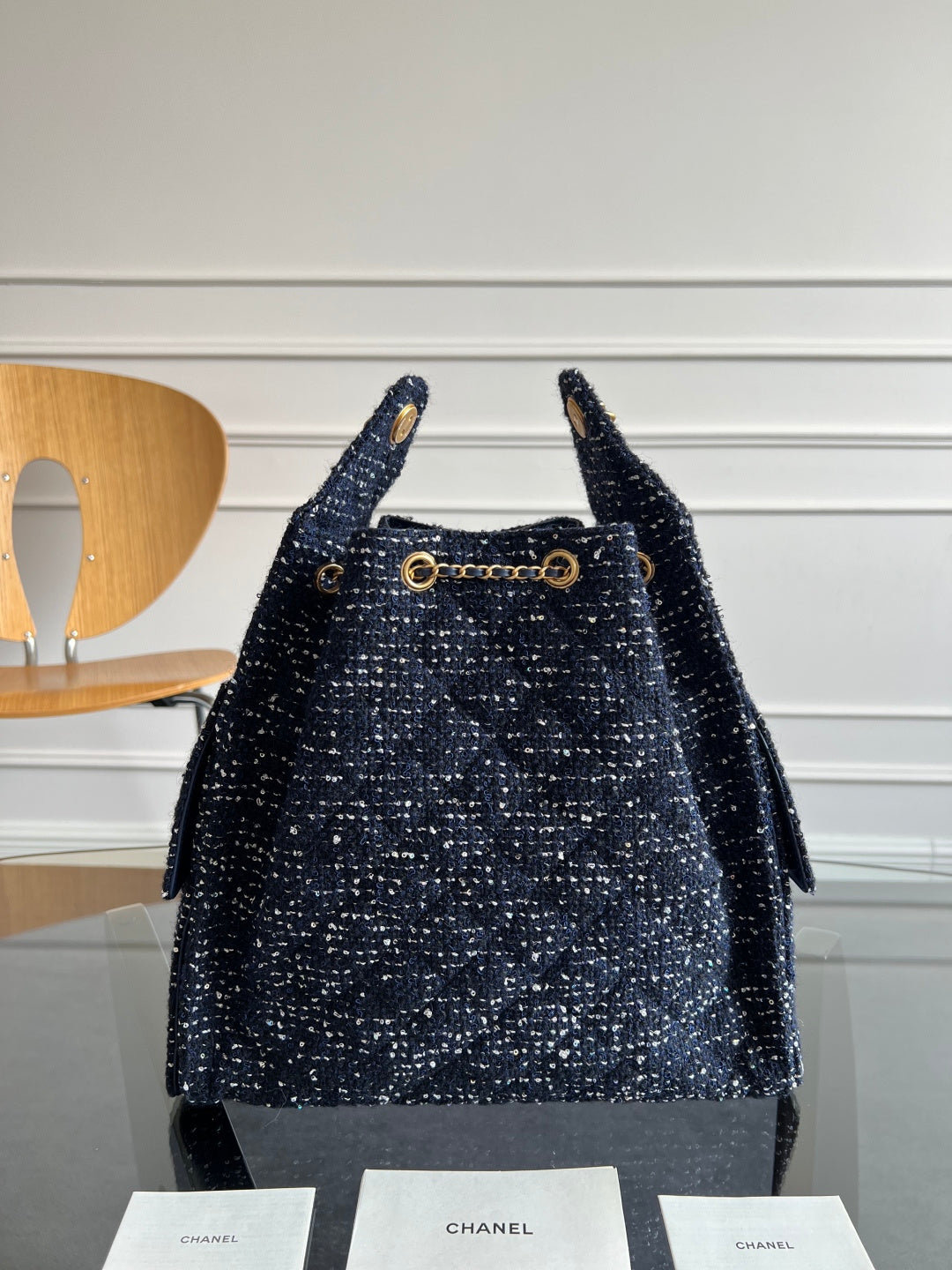 Chanel 25S Hobo Bag 40 In Navy Blue Tweed With Gold Hardware