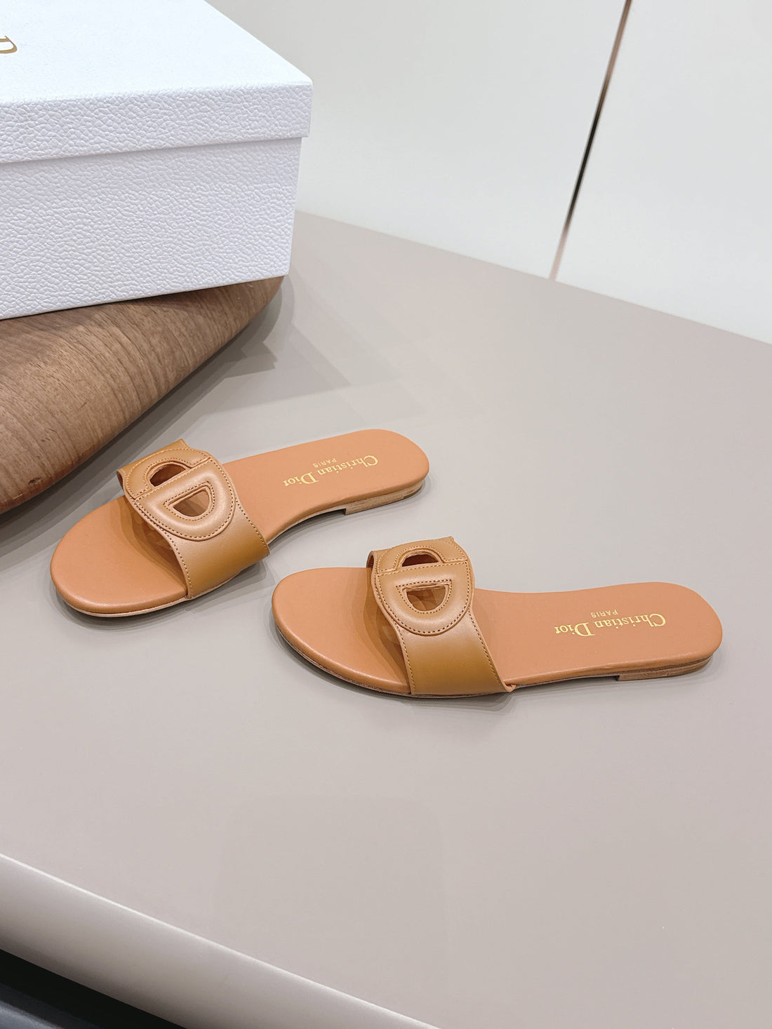 CD 26S Round-Toe Slide Sandals Tan Calfskin 738238