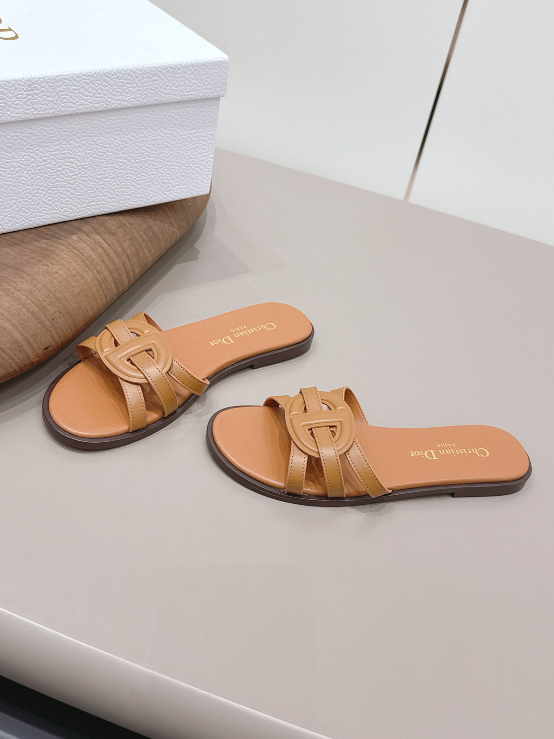 CD 26S D-Club Slide Sandal Tan Calfskin 738246