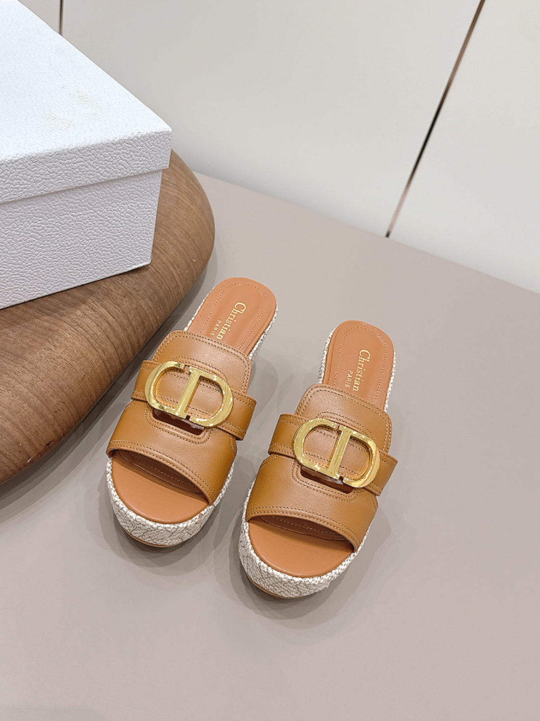 CD 30 Montaigne Wedge Slides 8CM Tan Calfskin 738318