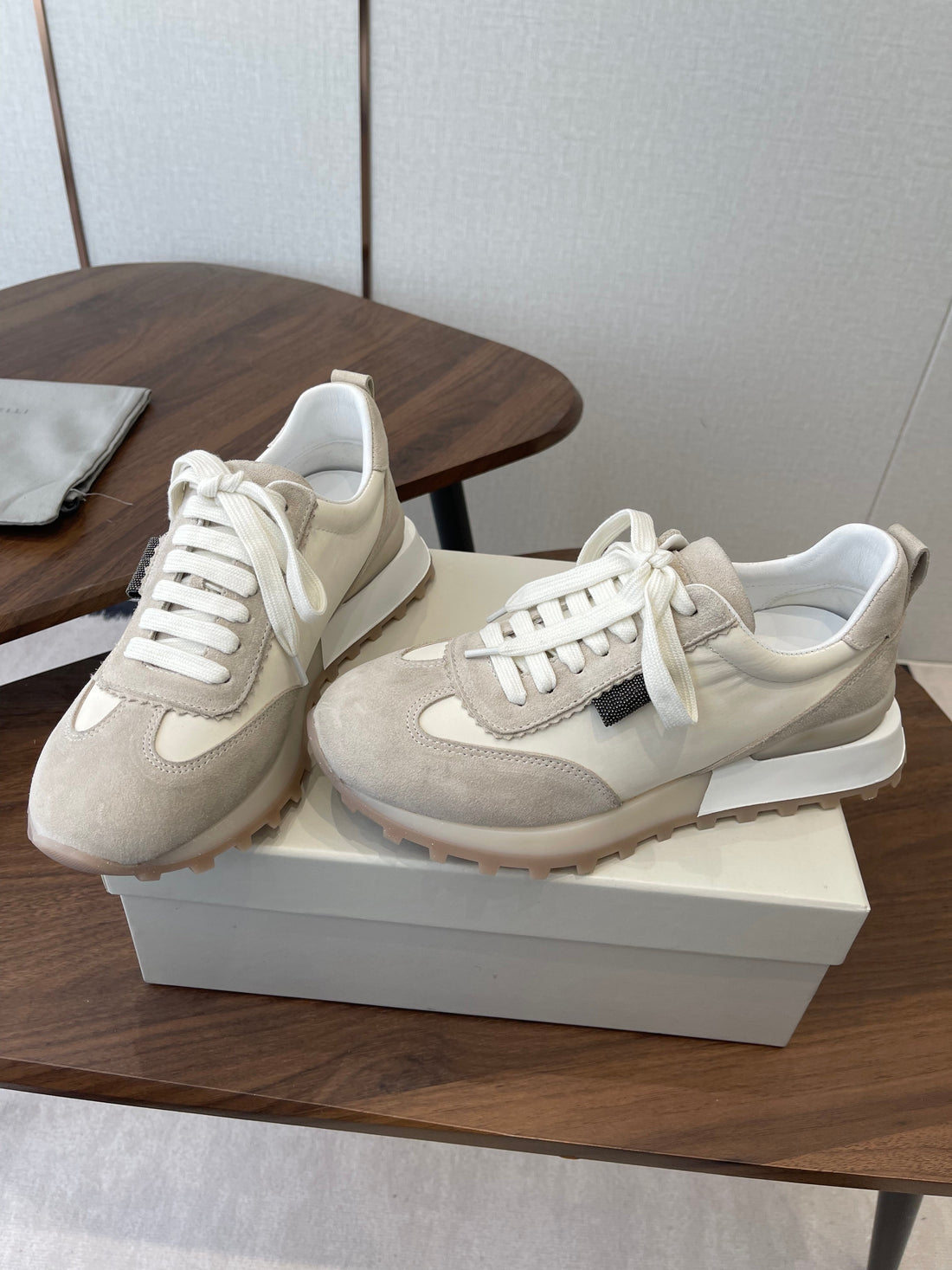 Brunello Flannel Runners With Monili Ivory Grey Suede 624477