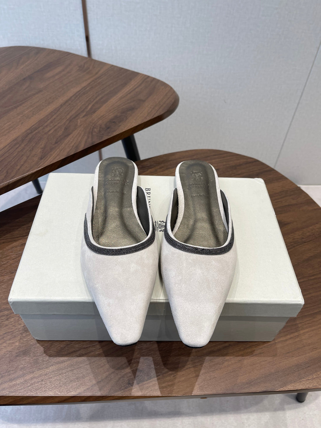 Brunello Monili-Chain Mules White Suede 624506
