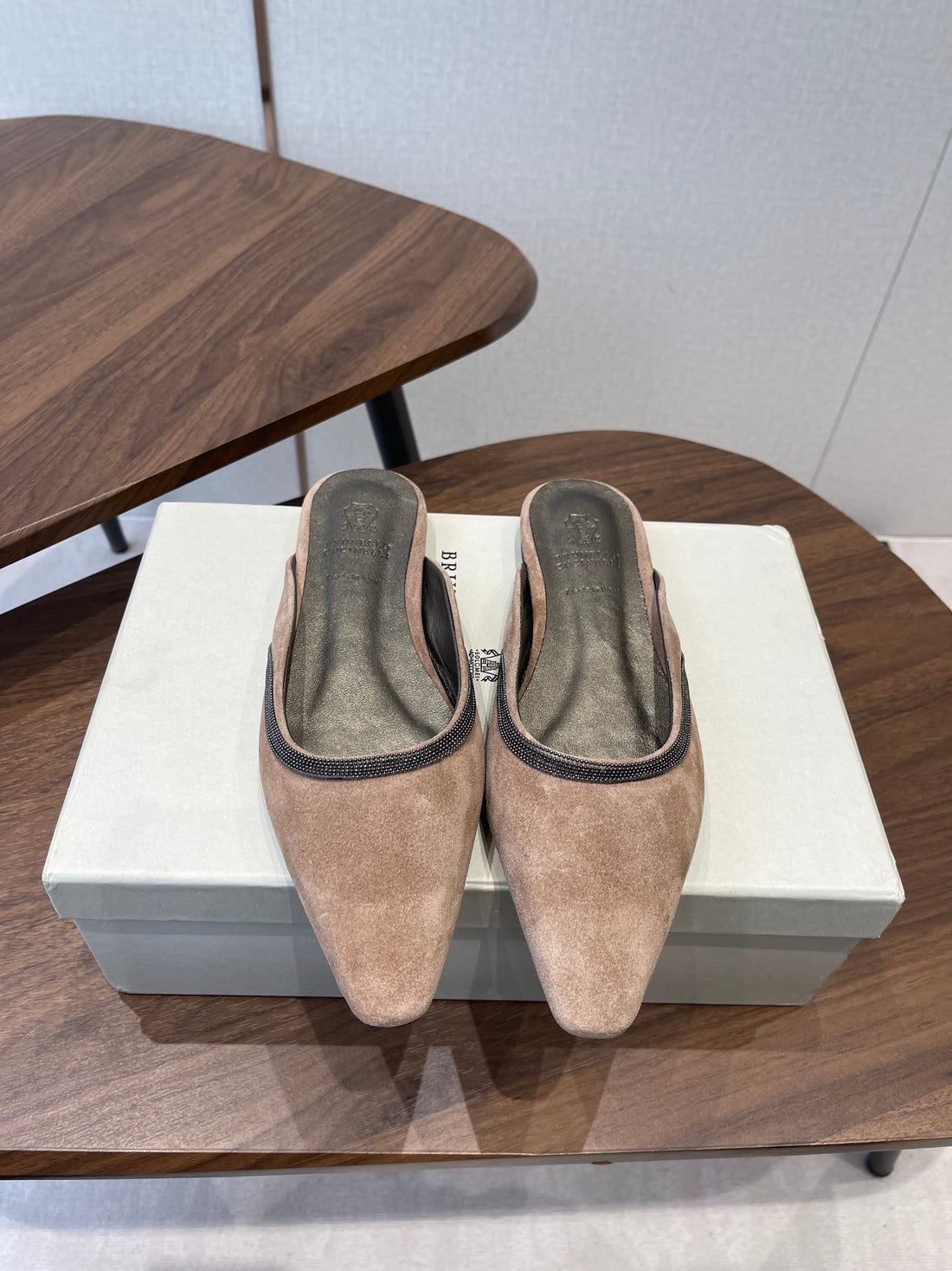 Brunello Monili-Chain Mules Brown Suede 624508