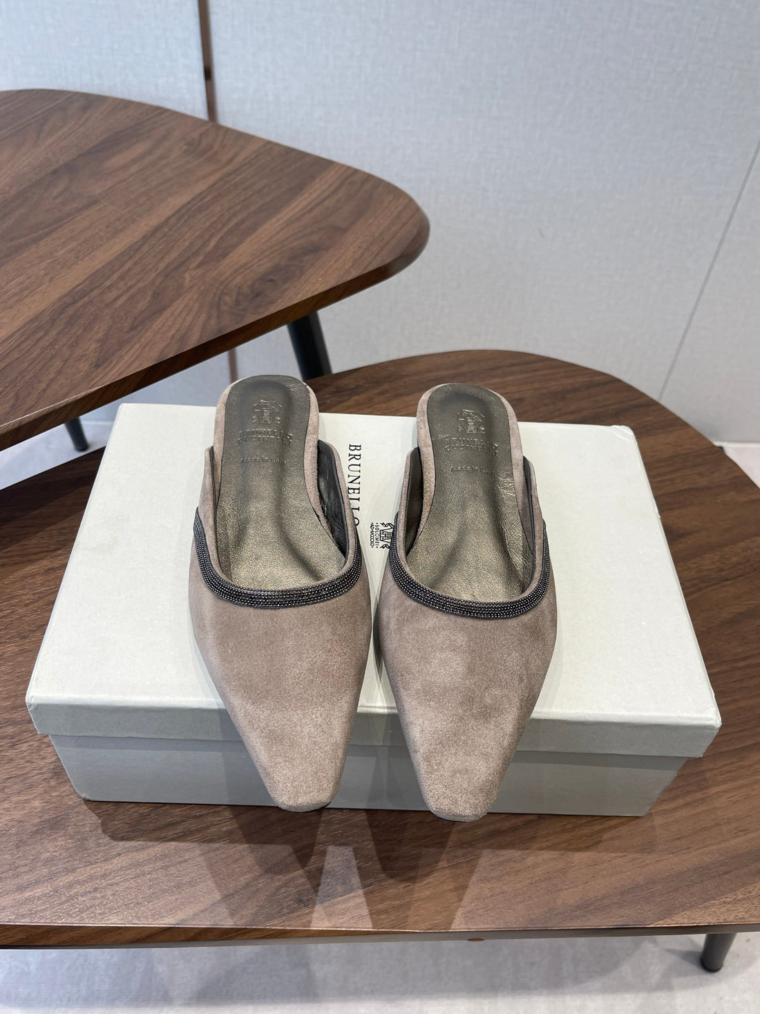 Brunello Monili-Chain Mules Taupe Suede 624509