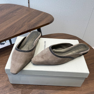 Brunello Monili-Chain Mules Taupe Suede 624509