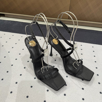 High Heel Sandals In Black Silk Wth Straps Attached Gem