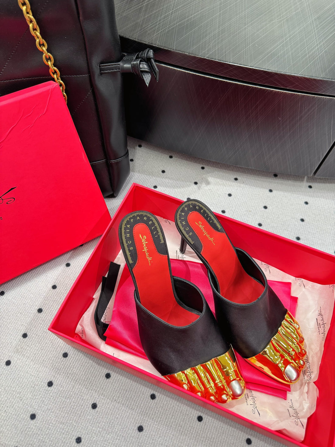 Cl 25 Elsa Schiapar Mules Black Gold Silk 321607
