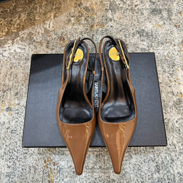 YSL Anne-Marie Slingback 8CM Brown Patent Leather 637223