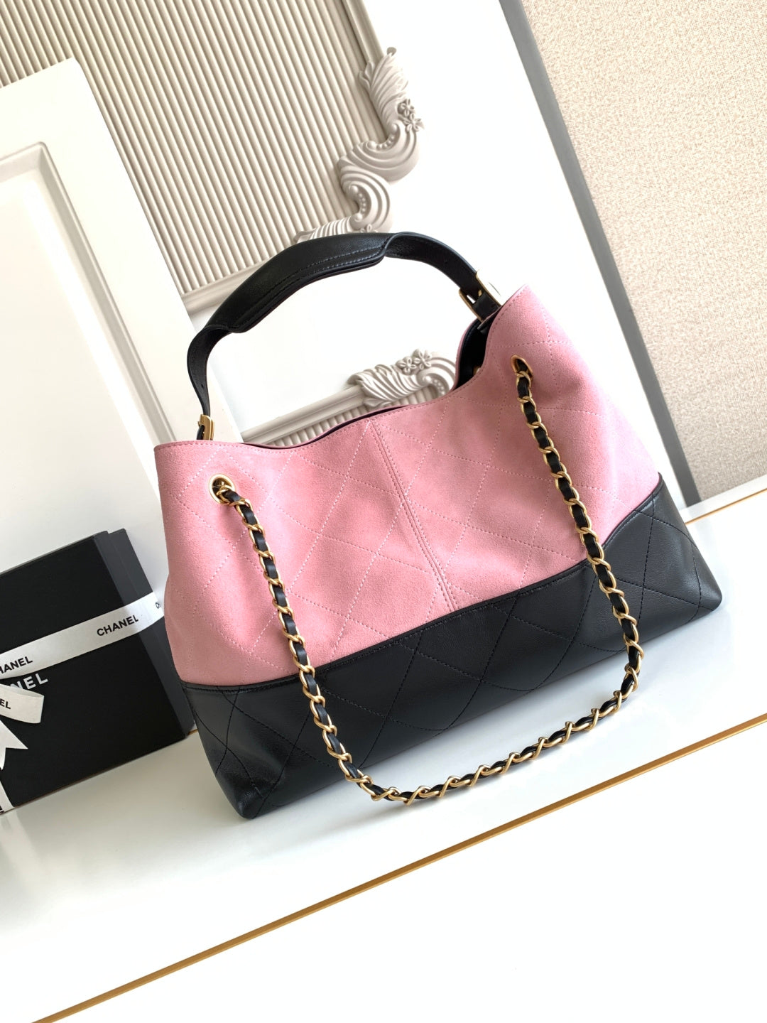 Chanel 2026 Shopping Bag 36CM Pink Black Suede Calfskin 348234