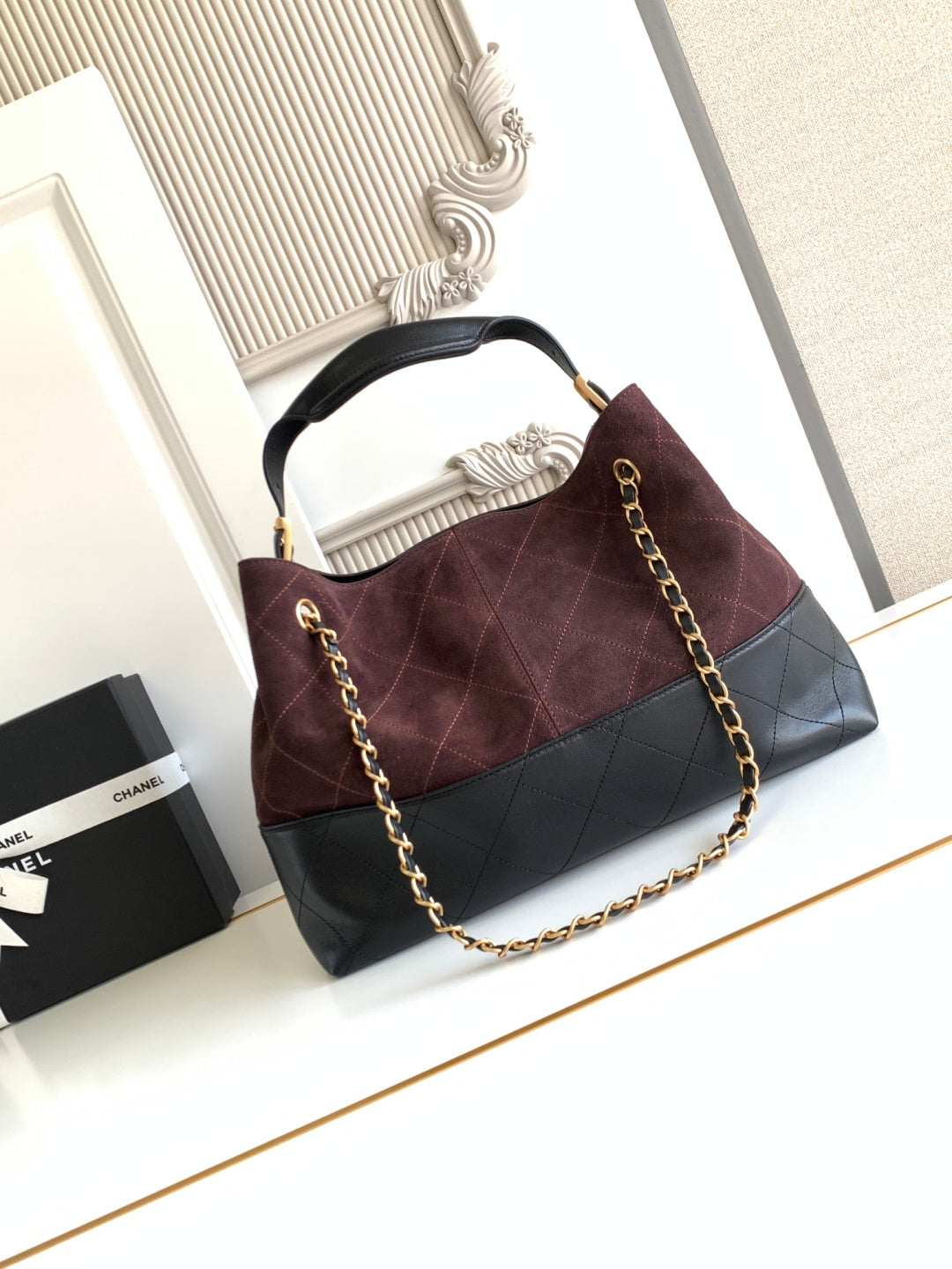 Chanel 2026 Shopping Bag 36CM Burgundy Black Suede Calfskin 348236
