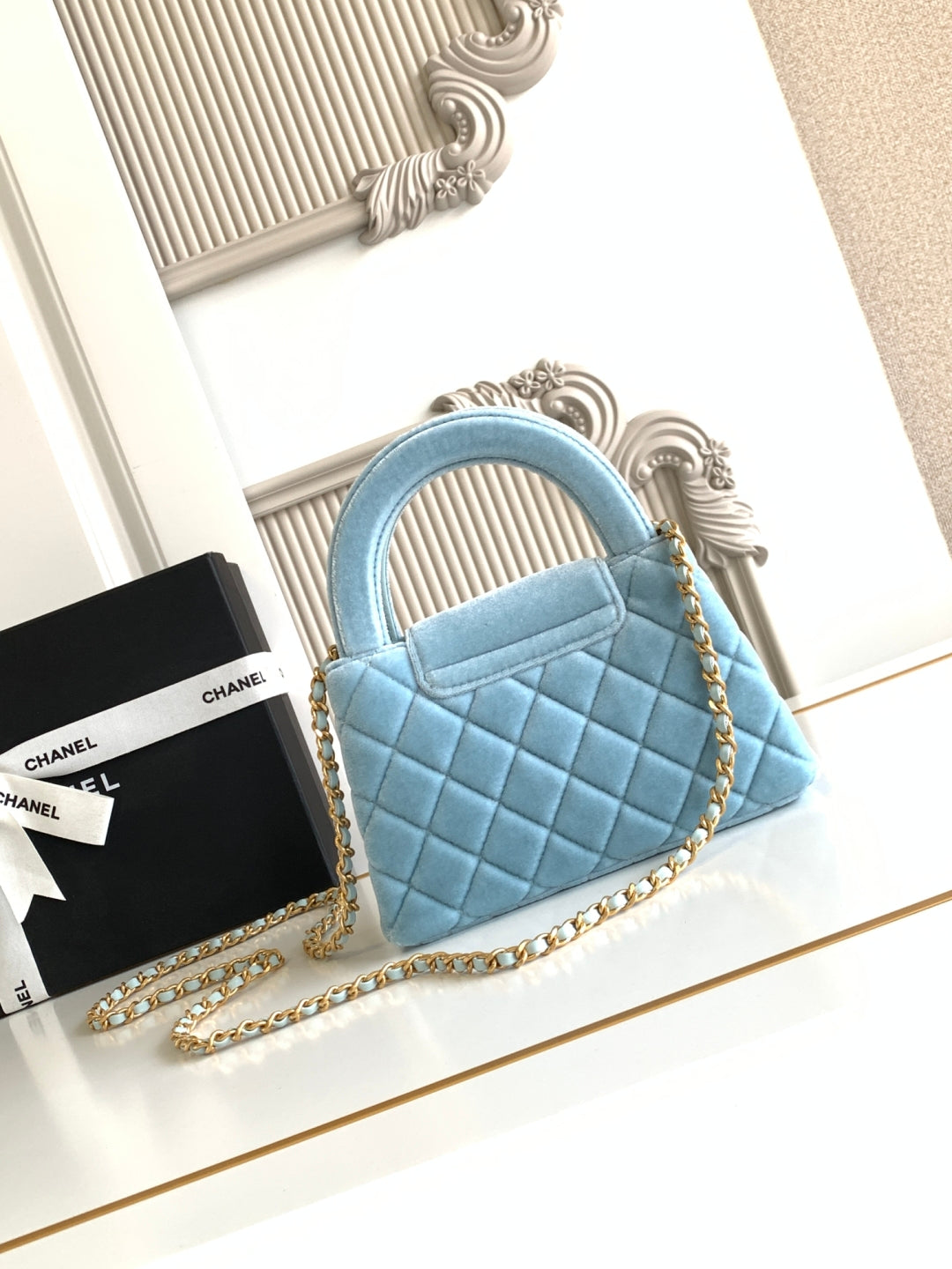 CC 24A Nano 19CM Kelly Shopping Bag Light Blue Velvet