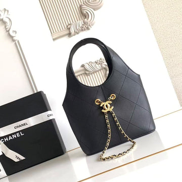 CC 2026 Basket Hobo Bag 27.5cm Black Calfskin