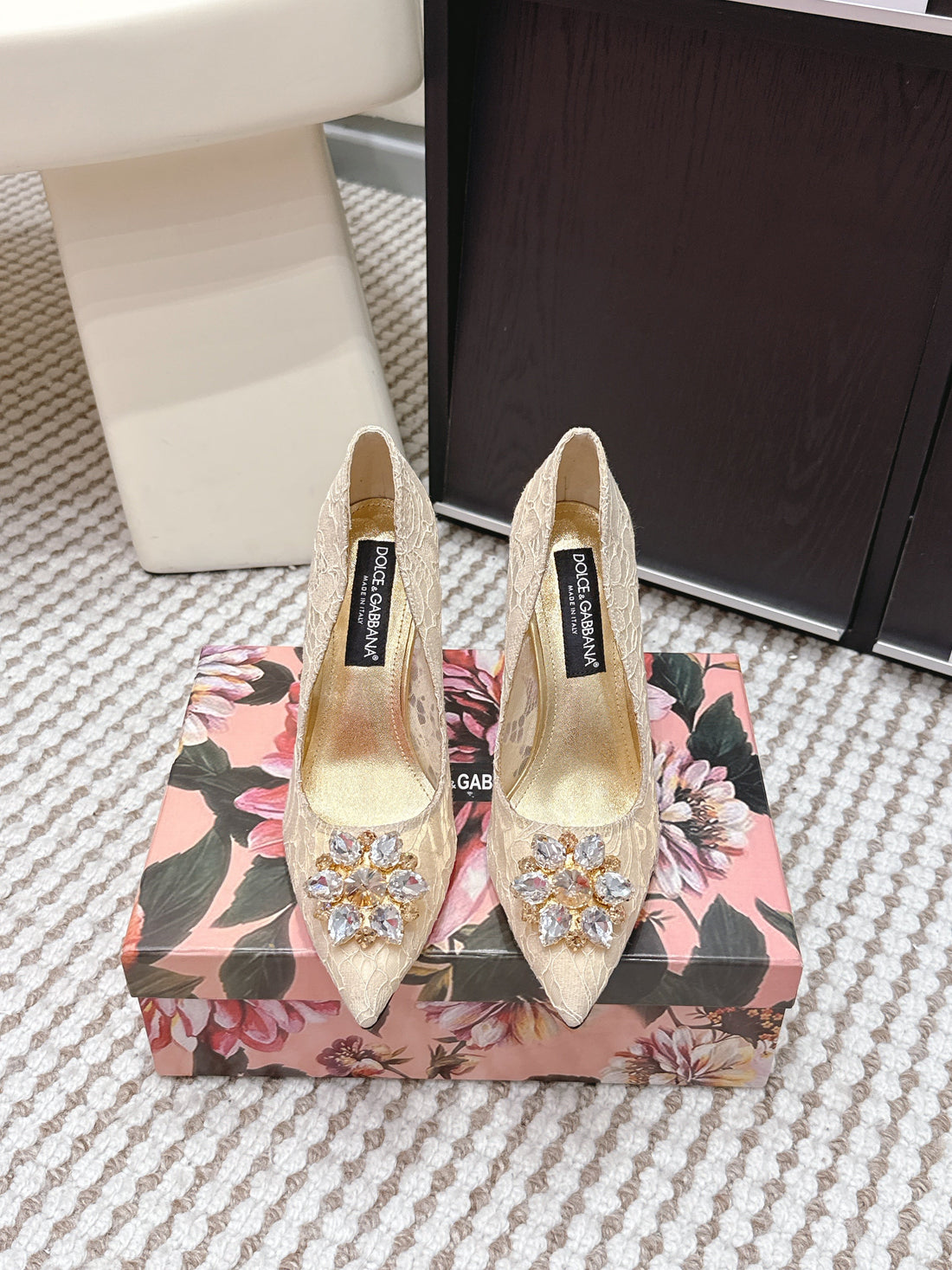 Dg 26S Pumps Crystals 9CM Beige Taormina Lace 663088