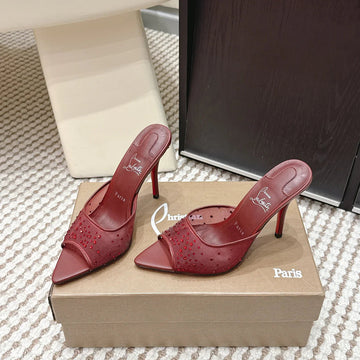 Cl 26SS High-Heeled Slippers 100 Dark Red Mesh Rhinestone Leather 658051
