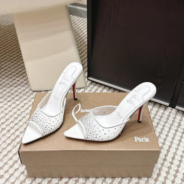 Cl 26SS High-Heeled Slippers 100 White Mesh Rhinestone Leather 658052
