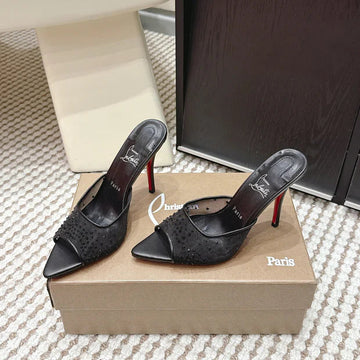 Cl 26SS High-Heeled Slippers 100 Black Mesh Rhinestone Leather 658054