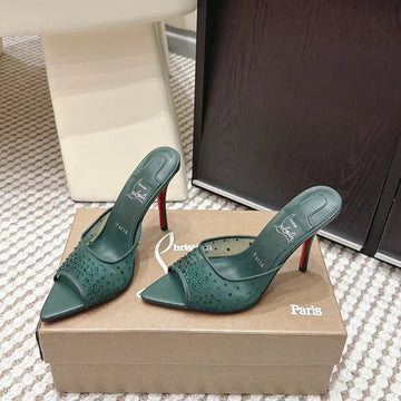 Cl 26SS High-Heeled Slippers 100 Emerald Green Mesh Rhinestone Leather 658056