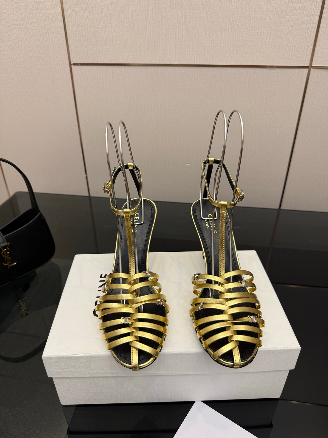 Cl Cage Heeled Sandal 9CM Gold Calfskin 725649